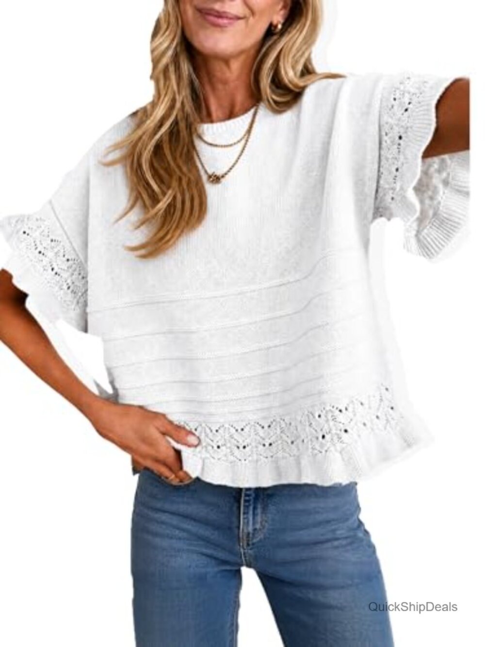Womens Short Sleeve Crochet Cropped Sweater Cotton Blend Pullover